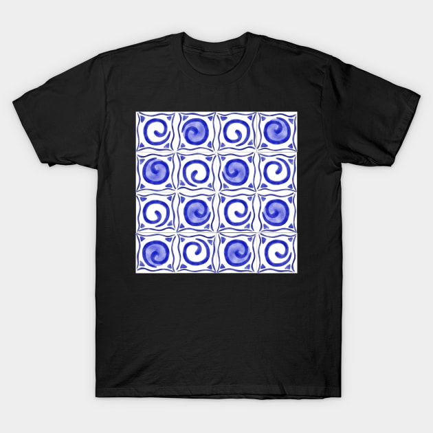 Blue and white swirly pattern T-Shirt by ElderIslesPress